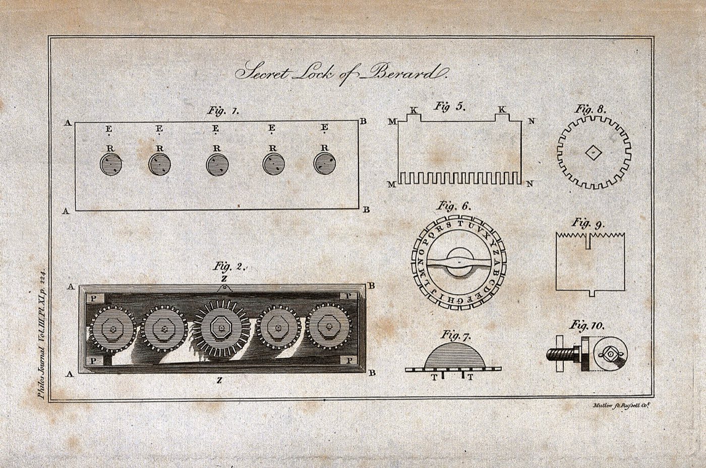 Engraving of the secret lock of Berard, its wheels and plates laid out by figure