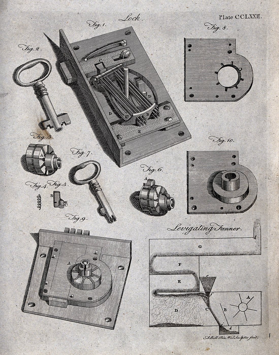 Engraving of a lock taken apart into its parts, by Andrew Bell